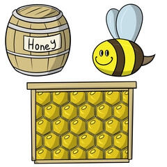 A set of cartoon images with a smiling kind bee, a whole barrel with the inscription honey