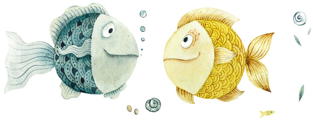 Cartoon Fishes. Children illustration. Watercolor hand drawn clip arts - 510398524