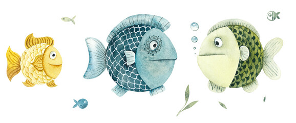 Cartoon Fishes. Children illustration. Watercolor hand drawn clip arts - 510398525