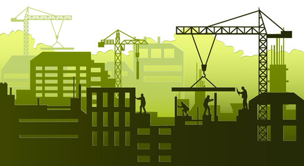 Silhouette engineer and  construction team working at site.Vector paper cut style.