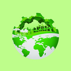 Green earth of eco friendly city and urban forest landscape abstract background.Vector illustration in paper cut style