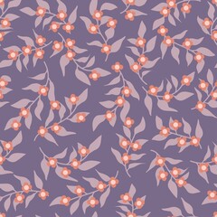 Seamless pattern of a little flowers and branch with leaves. Abstract small flower patter. Vector illustration.