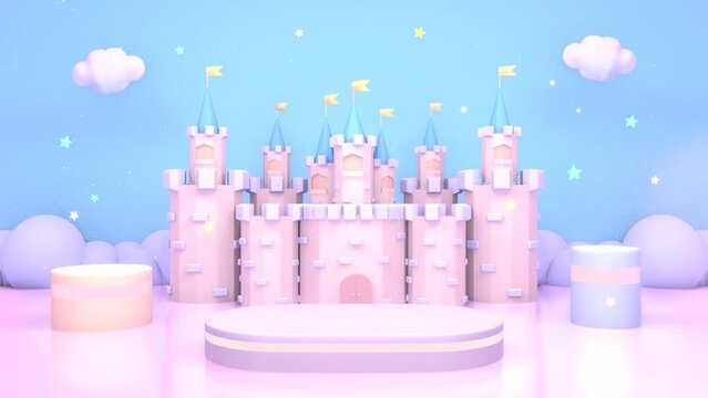 Looped cartoon castle with product display podiums and glowing stars in the sky animation.