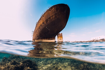 Old wreck ship in ocean at Canary island, Lanzarote