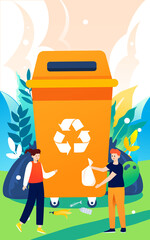 People are sorting garbage with various plants and buildings in the background, vector illustration