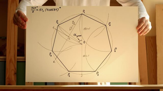 Mathematician shows paper with a heptagon drawing. Reverse playback video. Date of shooting day 10 May 2022 year, MSK time. This video was filmed in Russia.