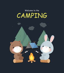 Camping poster with cute bear and rabbit roast marshmallows on a bonfire. Cartoon style. Vector illustration. 