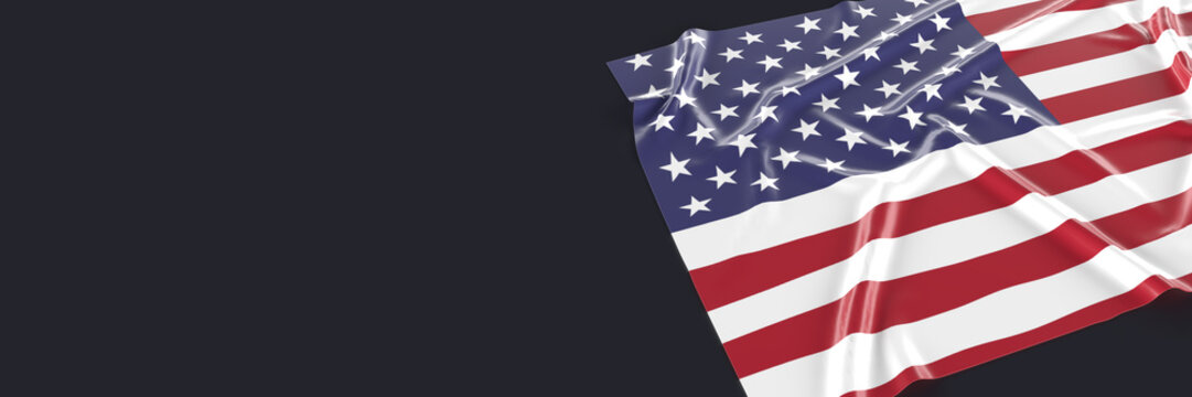 American Flag on black background, clipping path. Bright silky 3D rendered illustration. Close-up on waving country flag. USA National Symbol for web banner, media, ads. Easy edit copy space.