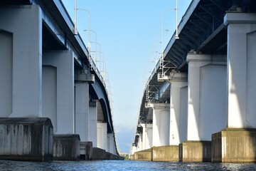 びわ湖大橋、夕焼け、湖畔、立脚、道路、自動車道、水面、湖