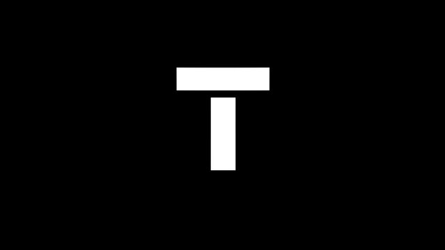 White picture of T on a black background. american alphabet. english language for writing. Distortion liquid style transition icon for your project. 4K video animation for motion graphics and