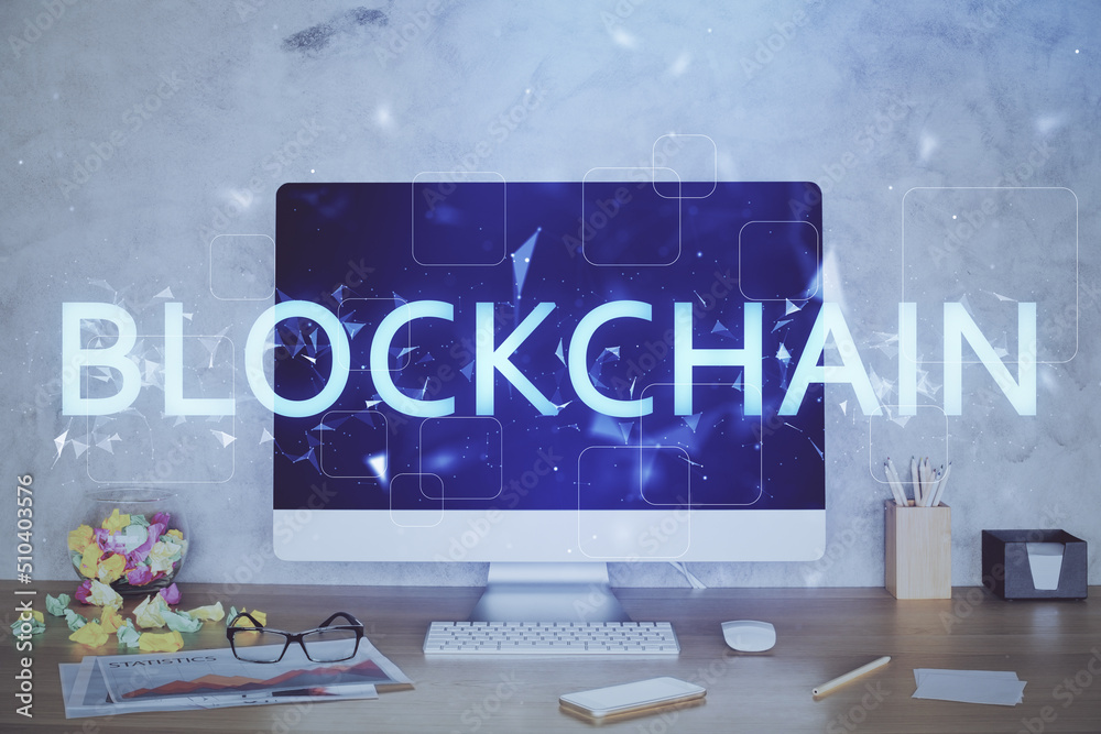 Aufkleber Double exposure of blockchain and crypto economy theme hologram and table with computer background. Concept of bitcoin cryptocurrency.