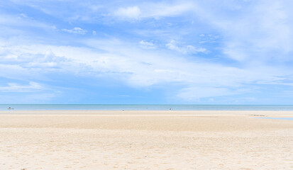 Fototapeta na wymiar Blurred blue pastel sky and sand beach for background.
