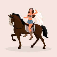 Cowboy bride. Girl with veil and boots on a horse.