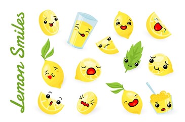 Funny lemon smiles citrus fruit face expression collection vector illustration