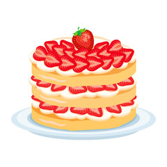 Whole strawberry shortcake icon vector. Sweet cake with strawberries and whipped cream vector isolated on a white background. Layer cream cake on a plate drawing