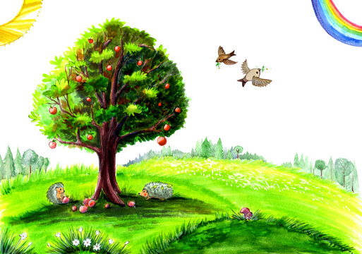 Big family tree with hedgehogs underneath. Hedgehogs and apples. Illustration background for children's photo album.