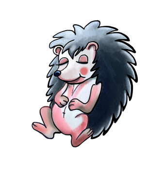 Happy hedgehog sitting, watercolor clipart. Character illustration for children's photo album.