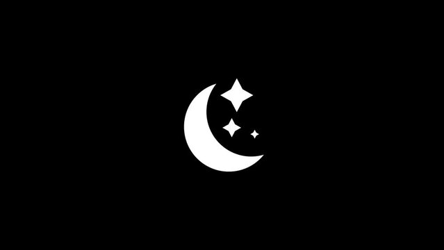 White picture of moon and stars on a black background. half moon and stars in the black sky. Distortion liquid style transition icon for your project. 4K video animation for motion graphics and