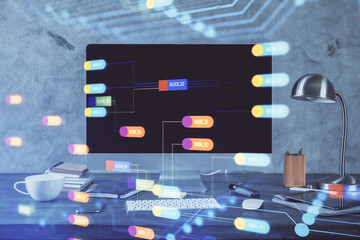 Technology theme drawing and table with computer. Double exposure. Concept of information.