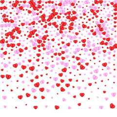 Tender Confetti Background White Vector. Random Backdrop Heart. Fond Card Pattern. Pink Heart Decor Illustration. Red Love Frame.