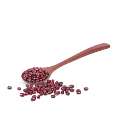 Red beans seeds in a wooden spoon isolated on white background