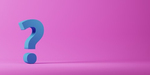 3D render of blue question mark symbol on pink backgound