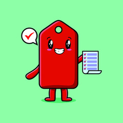 Cute cartoon price tag character holding checklist note in concept flat cartoon style