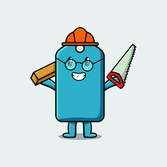 Cute cartoon price tag as carpenter character with saw and wood in flat modern style design