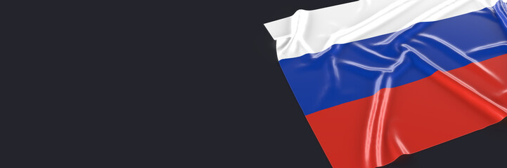 Russian Flag on black background, clipping path. Bright silky 3D rendered illustration. Close-up on waving country flag. Russia National Symbol for web banner, media, ads. Easy edit copy space.