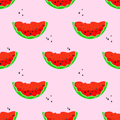Slices of red watermelon with seeds on a pastel pink background. Seamless cute pattern for modern textile, decorative paper. Vector.