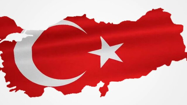 Flying and wavy Turkey flag map with graphic motion. white background with objects moving large to small and rotating