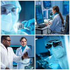 Microelectronics engineers work in a modern scientific laboratory on computing systems and...