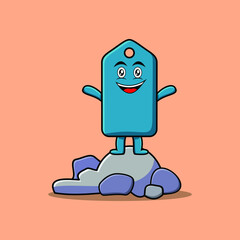 Cute cartoon price tag character standing in stone vector illustration in concept flat cartoon style