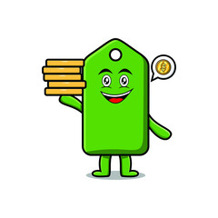 Cute cartoon price tag character holding in stacked gold coin vector illustration in concept flat cartoon style