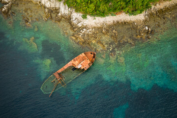An old shipwreck beach near village Rose in Montenegro areal view	
