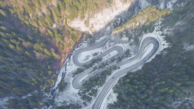 Mountain road on Bicaz, Romania. Aerial view by drone
