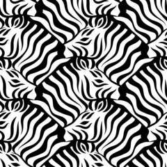 Seamless pattern with zebra head. Abstract illustration head of zebras, animal seamless pattern, fashion striped print. Black and white texture. Vector illustration.