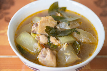 Kang om kai. Special food savoury thick soup made from spices and vegetables with chicken