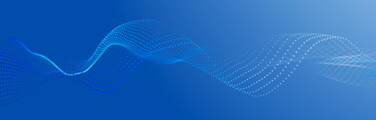 Wave of flowing particles on a blue background. Abstract backdrop with dynamic elements of waves and dots. 3d