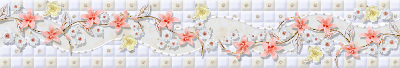 Fototapeta na wymiar Orchid flowers, lilies, roses on a 3D background. Panoramic image for glass panels. A high-resolution image for the skinali. Panoramic view. 3d image.