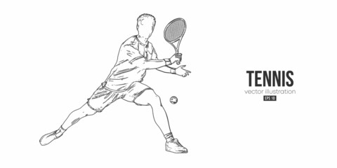 Abstract silhouette of a tennis player on white background. Tennis player man with racket hits the ball. Vector illustration