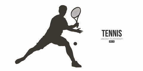 Abstract silhouette of a tennis player on white background. Tennis player man with racket hits the ball. Vector illustration