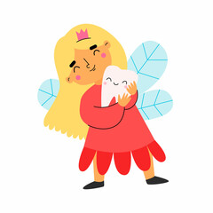 Cute tooth fairy hugs a tooth. Vector illustration