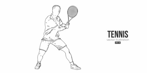 Abstract silhouette of a tennis player on white background. Tennis player man with racket hits the ball. Vector illustration