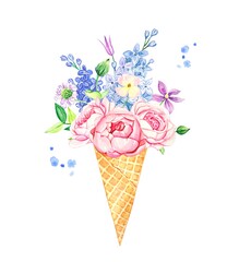 Bouquet of summer flowers in a waffle cup , watercolor illustration