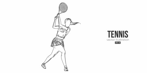 Fototapeta na wymiar Abstract silhouette of a tennis player on white background. Tennis player woman with racket hits the ball. Vector illustration