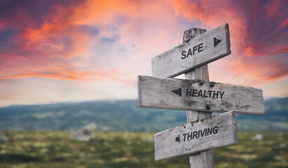 safe healthy thriving text quote caption on wooden signpost outdoors in nature with dramatic sunset...