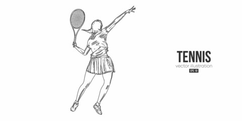 Abstract silhouette of a tennis player on white background. Tennis player woman with racket hits the ball. Vector illustration