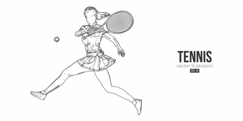 Fototapeta premium Abstract silhouette of a tennis player on white background. Tennis player woman with racket hits the ball. Vector illustration