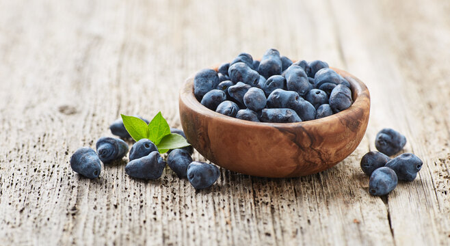 Honeysuckle berries on old wooden board